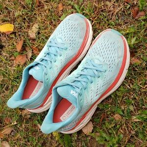 Hoka Athletic Shoes in Light Blue and Coral